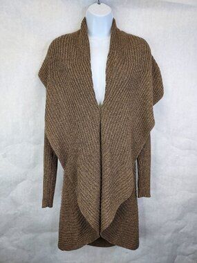 Peter Nygard Waterfall Cardigan Sweater Women L Rib Knit Brown Open Long Cottage